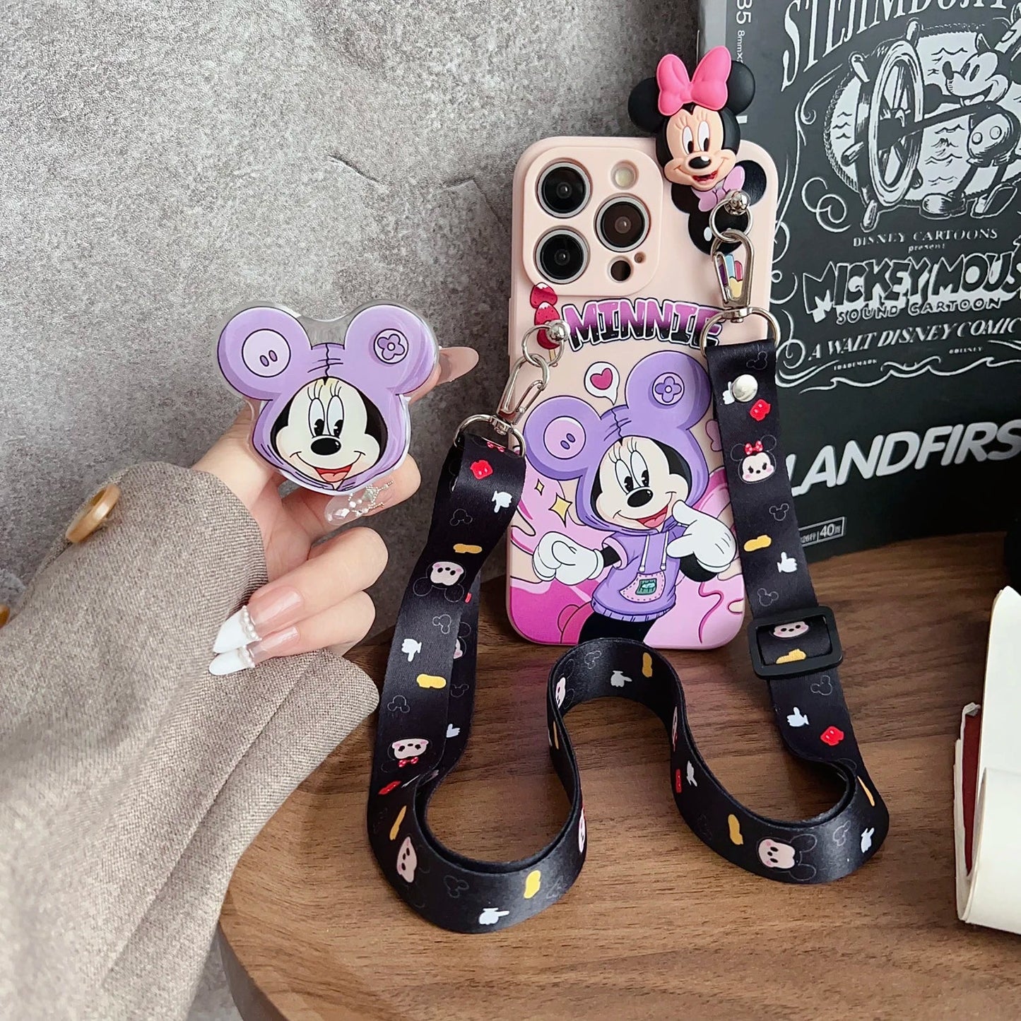 Playful Minnie Phone Case with Holder & Lanyard for iPhone