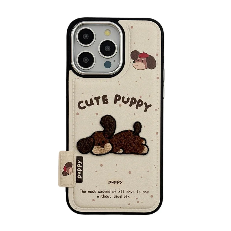 Cute 3D Embroidery Puppy Leather Texture Phone Case