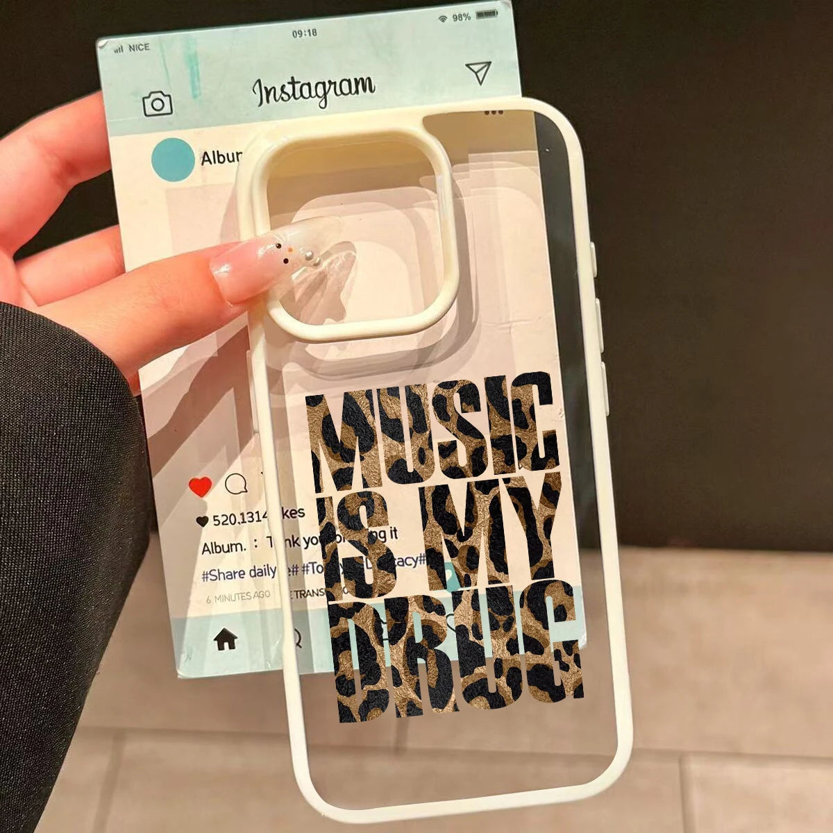 Korean Cute Leopard Print Case MUSIC IS MY DRUG English Y2K Soft Shockproof Phone Cases
