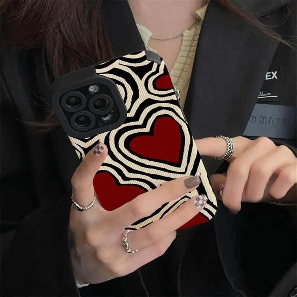Fashion Romantic Love Hearts Silicone Leather Zebra Stripes Phone Case