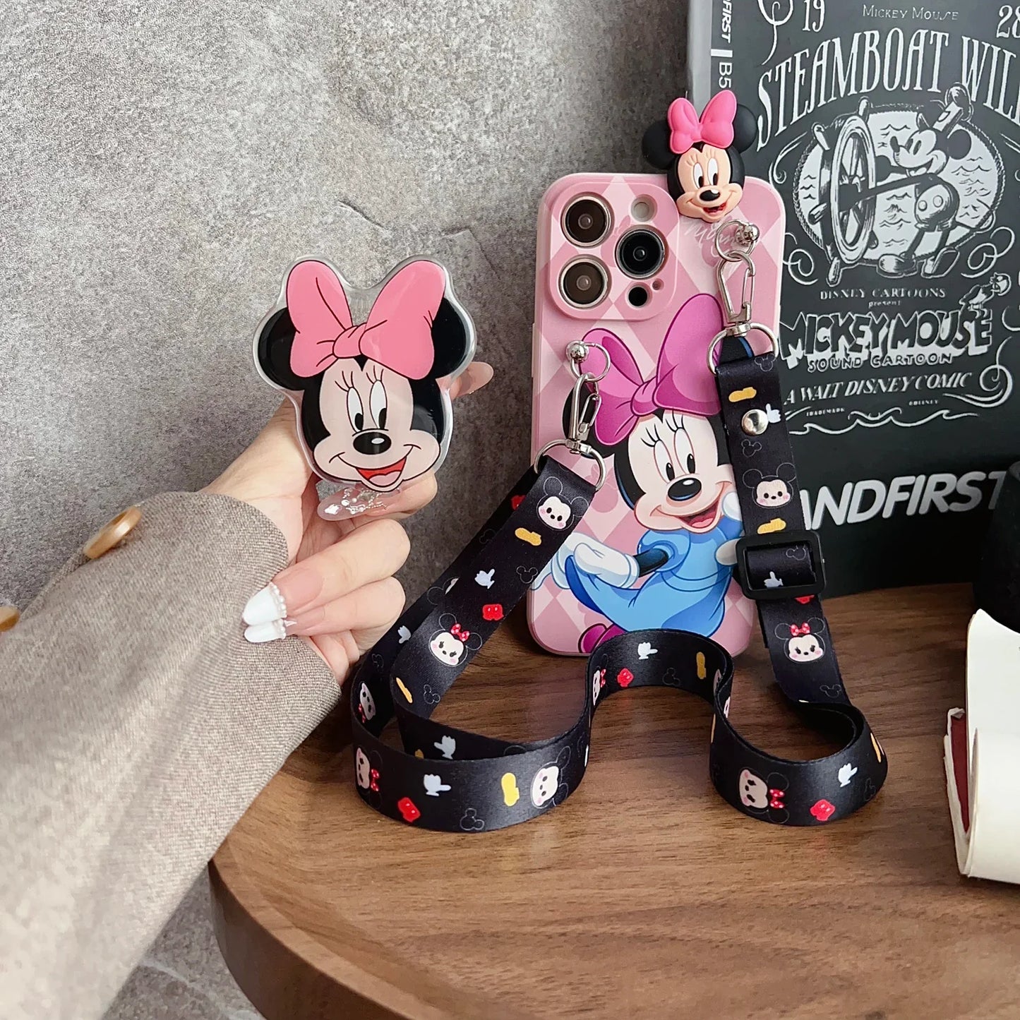 Playful Minnie Phone Case with Holder & Lanyard for iPhone