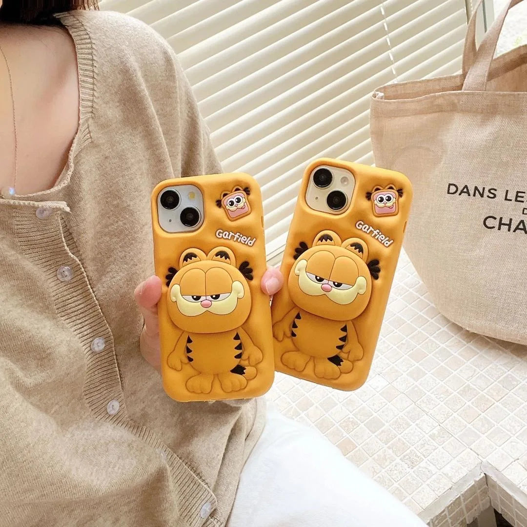 Cute 3D Carfield Head Grip Tok Holder Cartoon Rubber Silicon Soft Phone Case