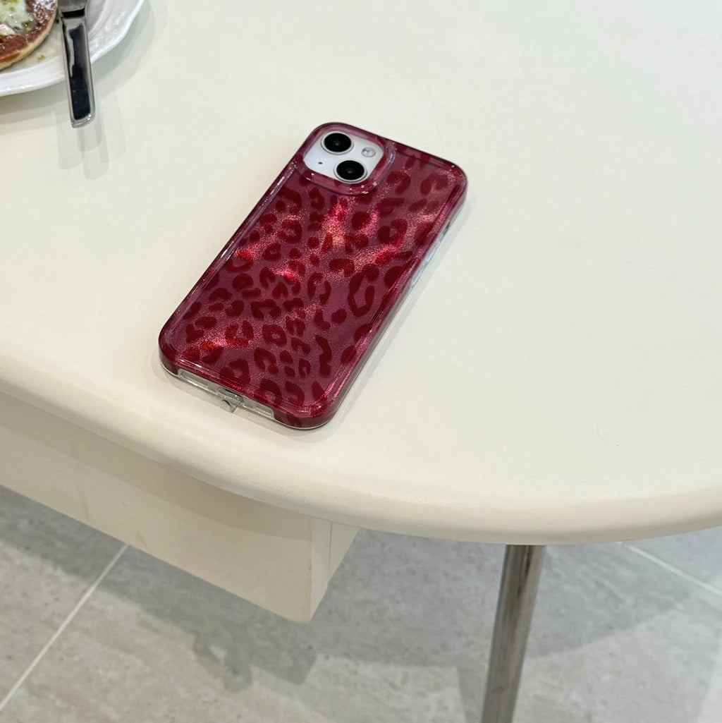 Retro Illusory Color Red Leopard Print Glitter Shockproof Protective Phone Case