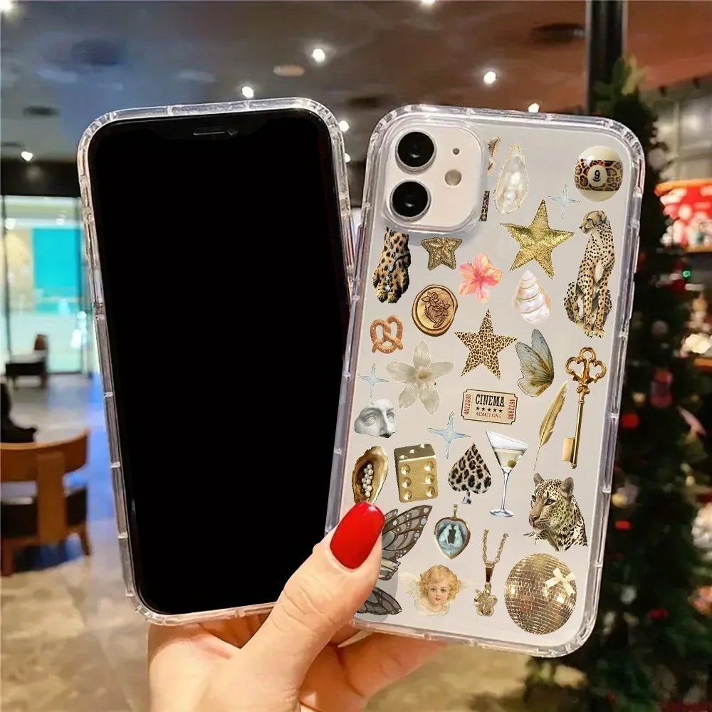 Aesthetic Clear Phone Case Golden Leopard Print Sticker Designed Phone Case