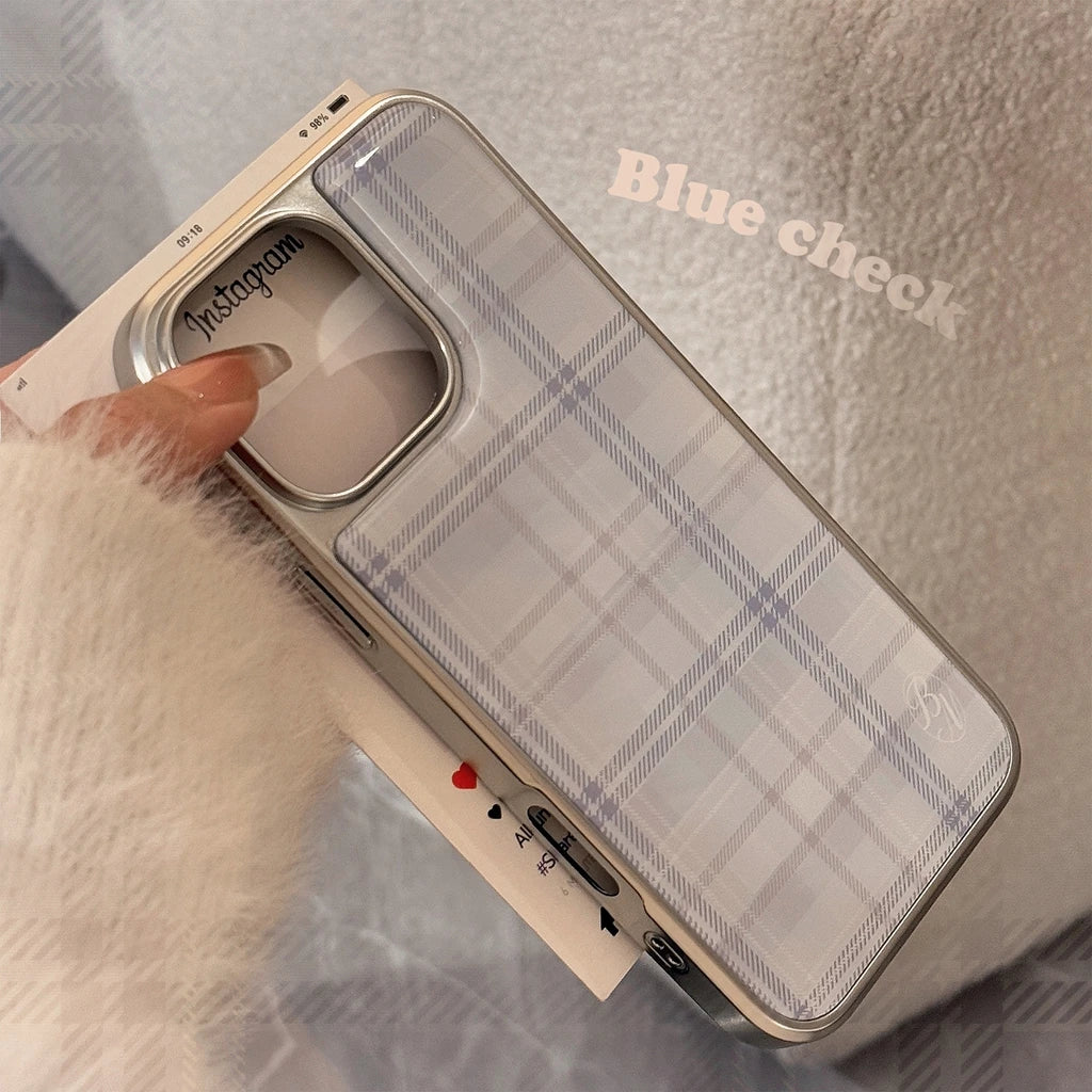 Blue Grid Pattern Drop Glue Silver Plated Frame Phone Case