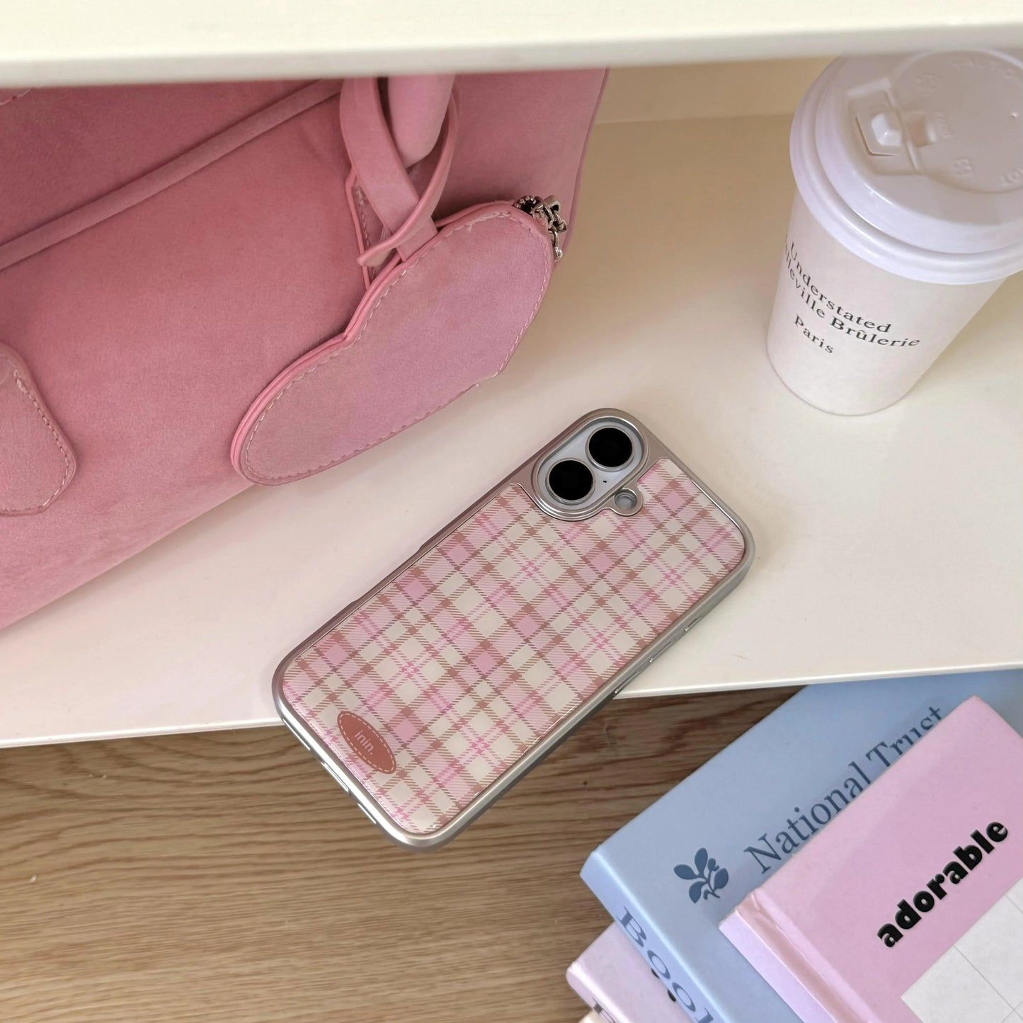 Korean Girly Checker Pattern Electroplated Frame Leather Texture Phone Case