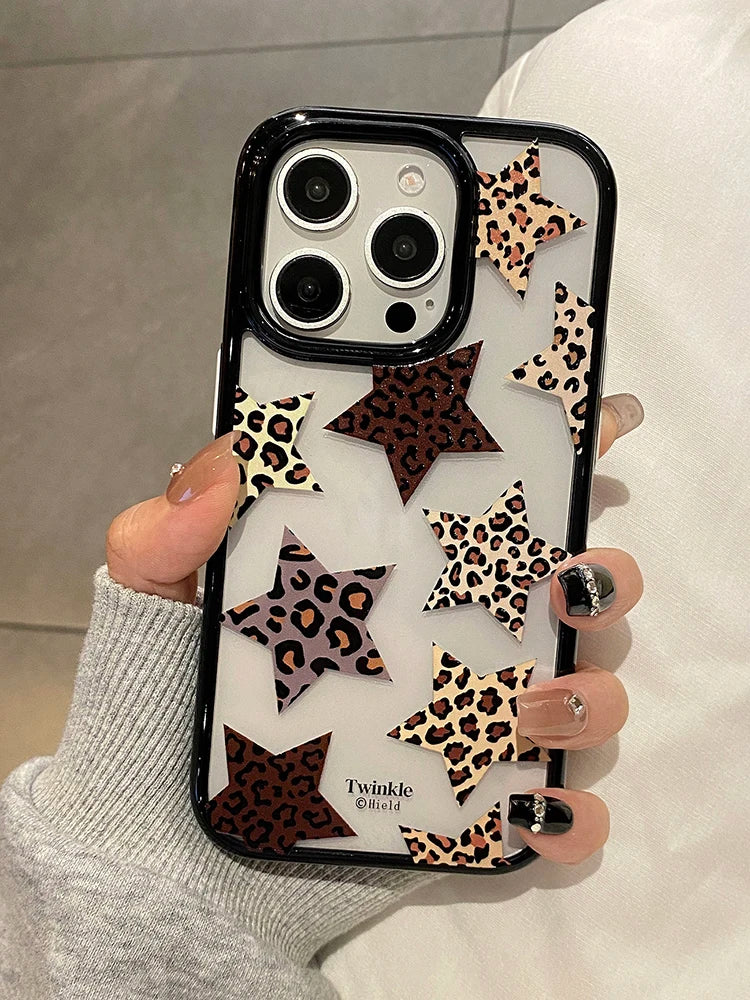 Trendy Leopard Print Five-Pointer Stars Clear Acrylic Phone Case