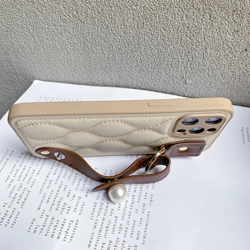 Fashion Leather Pearl Wrist Strap Stand Phone Case