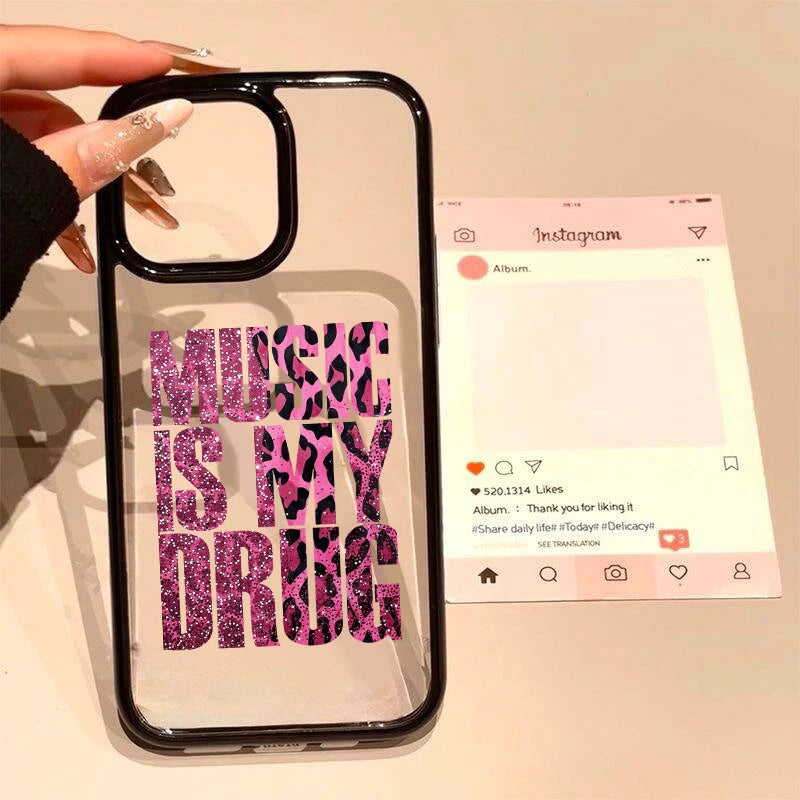 Korean Cute Leopard Print Case MUSIC IS MY DRUG English Y2K Soft Shockproof Phone Cases New