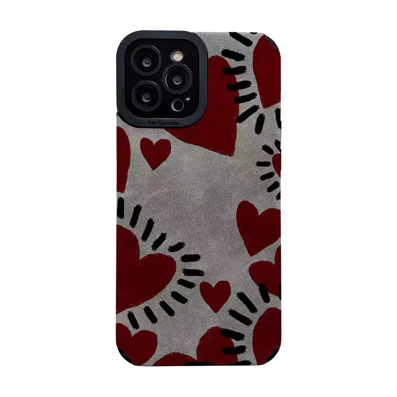 Gray Leather Red Love Heart Silicone Phone Case
