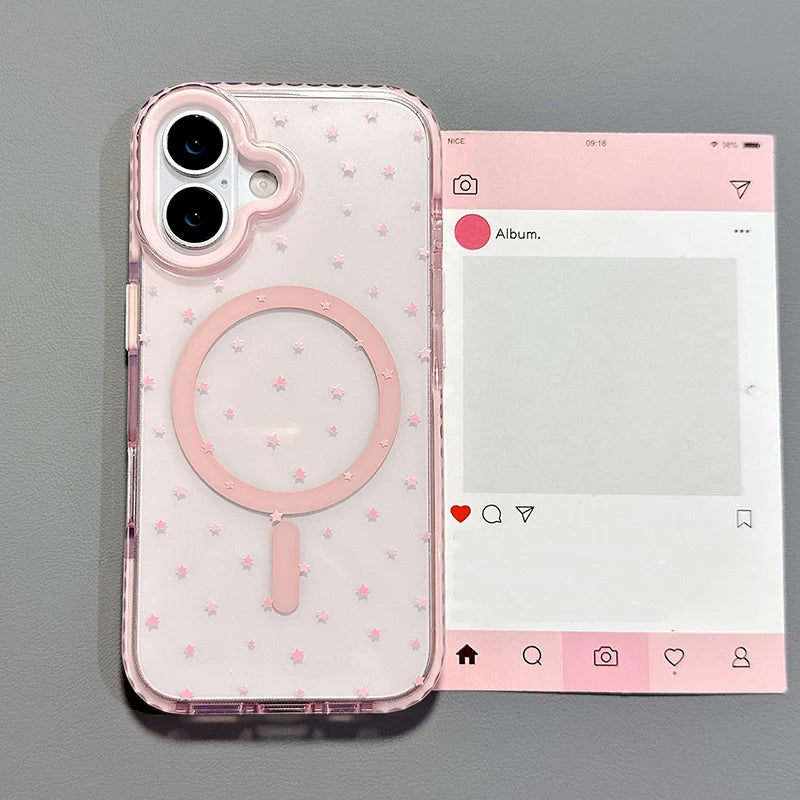 Pink Stars Magnetic Wireless Charge Clear Soft TPU Back Phone Case