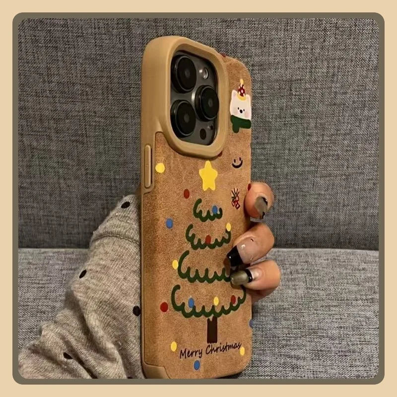 Cute Bear And Star Design Christmas Tree Faux Leather Phone Case