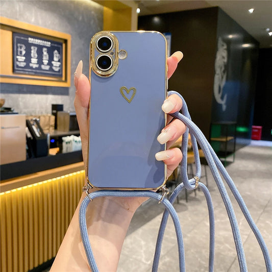 Crossbody Lanyard Cord Plating Love Heart Soft Phone Case