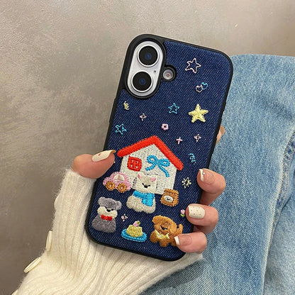 Fashion Denim Fabric Embroidery Puppy Dog Phone Case