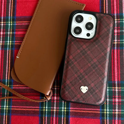 Retro Red Grid Pattern Leather Metal Love Heart Shockproof Protective Phone Case