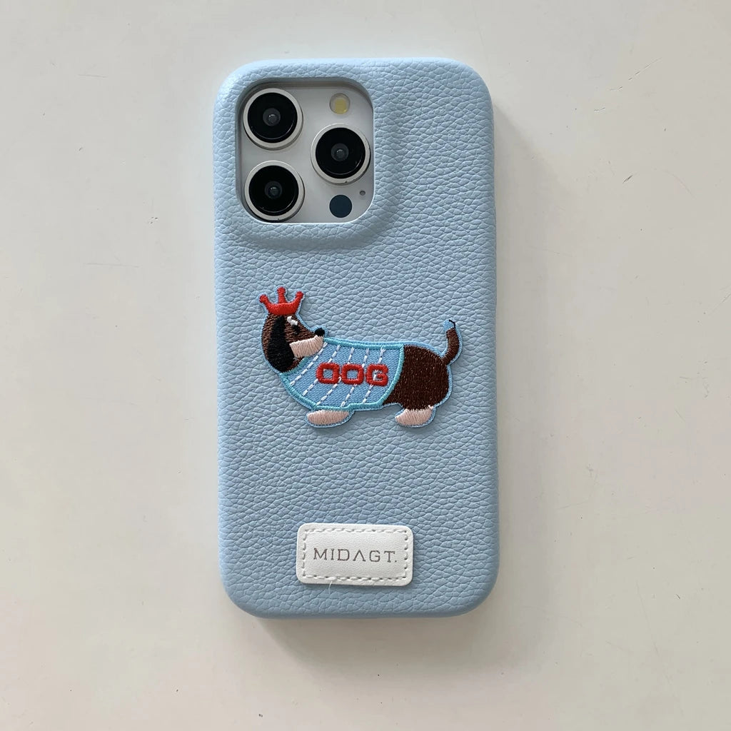 Cartoon Embroidered Cat Dog Series Stickers Solid Color Leather Phone Case