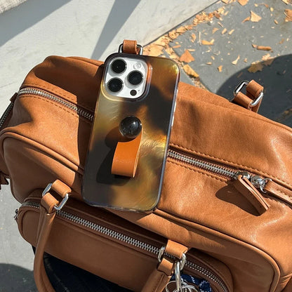 Stylish Brown Amber Glossy Iceberg Pattern Ring Buckle With Holder Phone Case