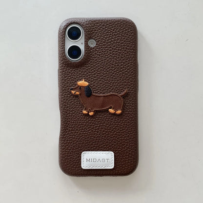 Cartoon Embroidered Cat Dog Series Stickers Solid Color Leather Phone Case