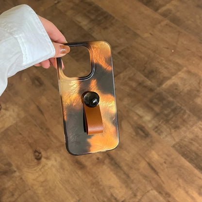 Stylish Brown Amber Glossy Iceberg Pattern Ring Buckle With Holder Phone Case