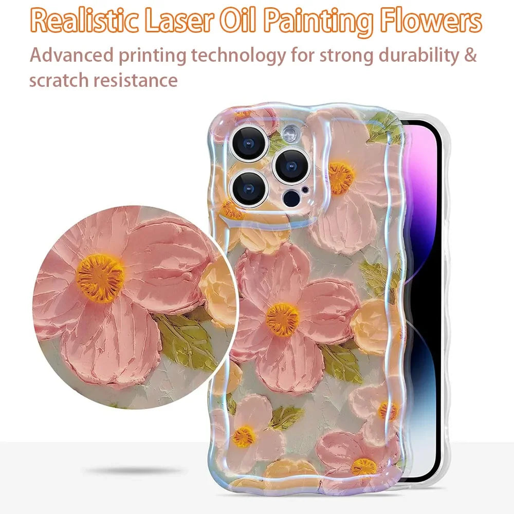 Stylish Phone Case Retro Oil Painting Flower Glossy Cute Floral Wave Border Exquisite Cover