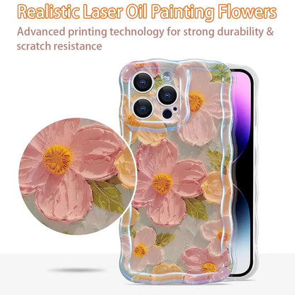Stylish Phone Case Retro Oil Painting Flower Glossy Cute Floral Wave Border Exquisite Cover