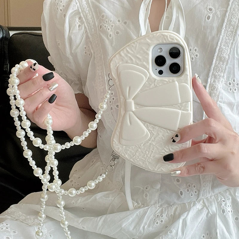 Fashion 3D Bow Pearl Crossbody Bag Pattern Silicone Phone Case