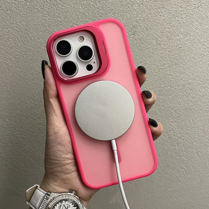 Luxury Metal Camera Stand Holder Matte Clear Phone Case