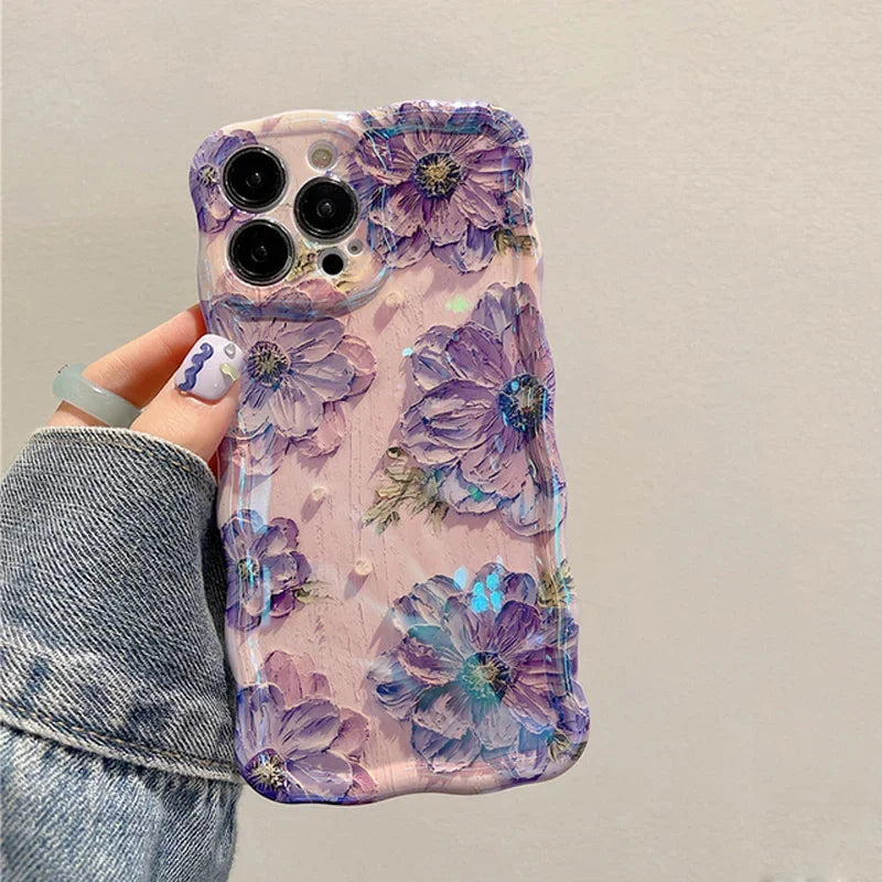 Stylish Phone Case Retro Oil Painting Flower Glossy Cute Floral Wave Border Exquisite Cover
