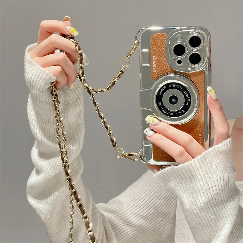 Retro Camera Sling iPhone Case with PU Leather Lanyard