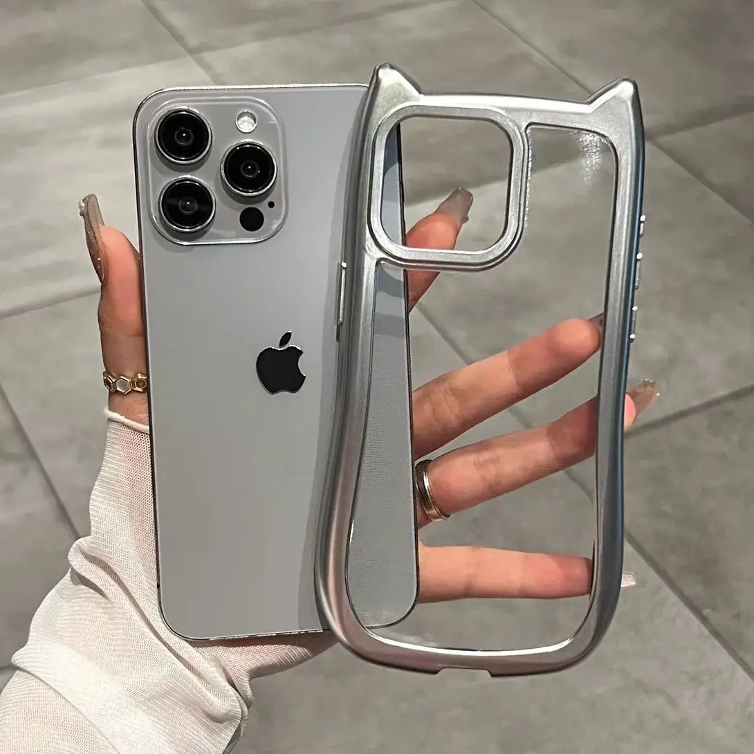 Plating Sliver 3D Cute Cartoon Cat Ears Transparent Phone Case
