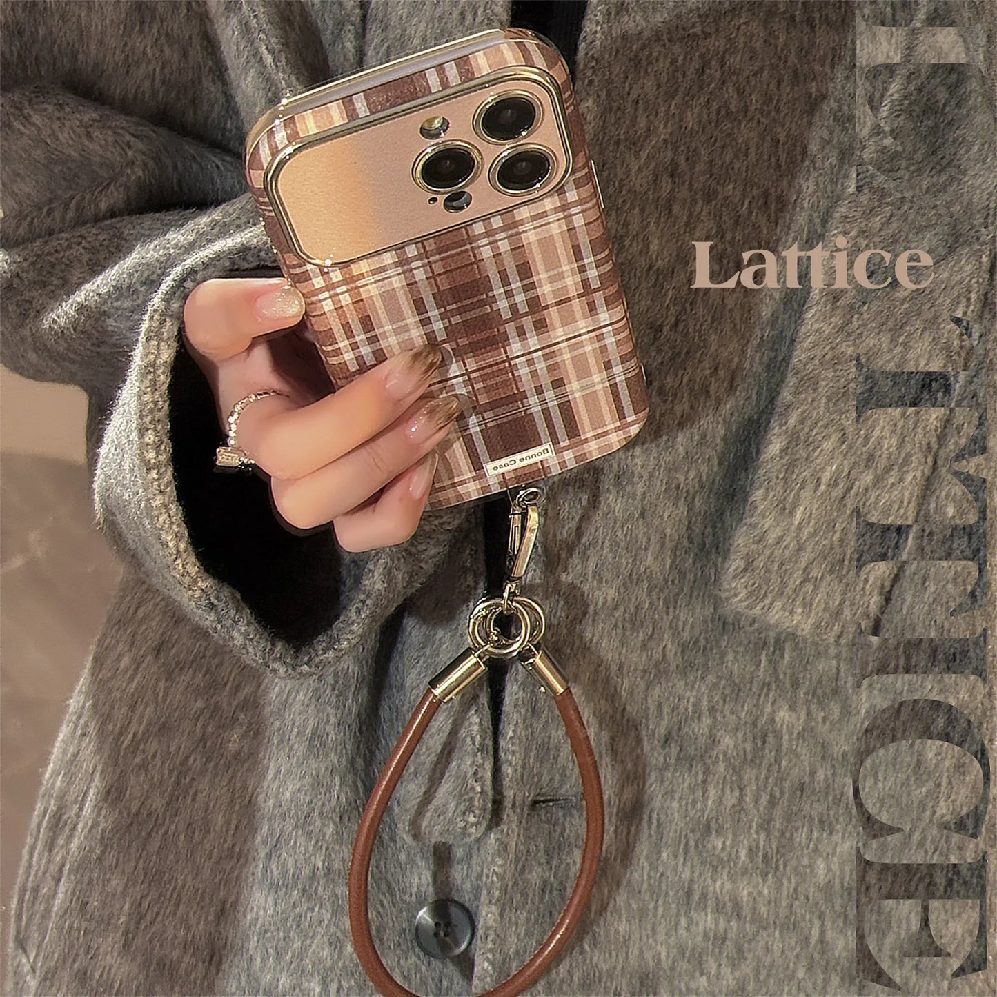 Stylish Brown Matte Grid Pattern Big Window Leather Lanyard Phone Case