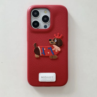 Cartoon Embroidered Cat Dog Series Stickers Solid Color Leather Phone Case