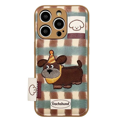 Lovely Embroidered Puppy Dog Leather Drum Bag Phone Case