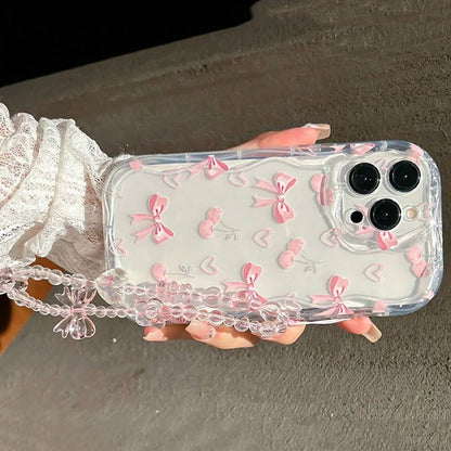 Cherry Transparent Watercolor With Chain Wavy Edge Phone Case