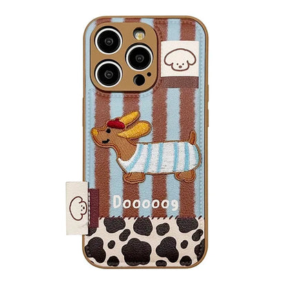 Lovely Embroidered Puppy Dog Leather Drum Bag Phone Case