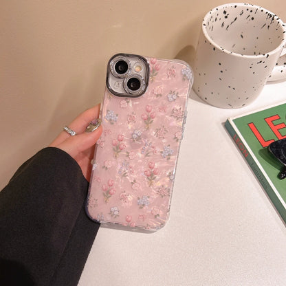 Stylish Illusory Color Shell Pattern Full Screen Tulip Flowers Rhinestone Lens Phone Case