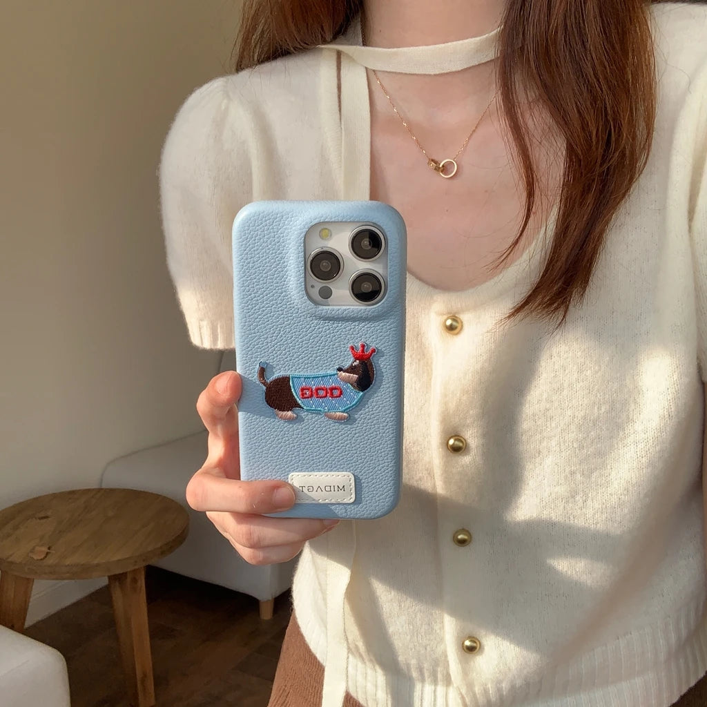 Cartoon Embroidered Cat Dog Series Stickers Solid Color Leather Phone Case