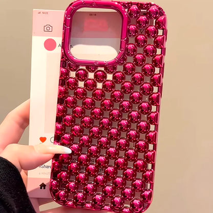 Luxury Plating Red Pearl Round Beads Heart Dissipation Phone Case