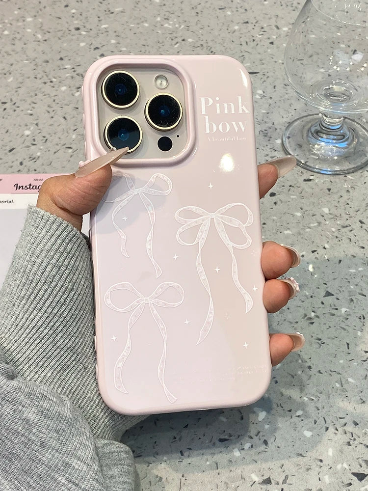 Simple Korean Pink Bow Glossy Protective Phone Case