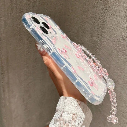 Cherry Transparent Watercolor With Chain Wavy Edge Phone Case