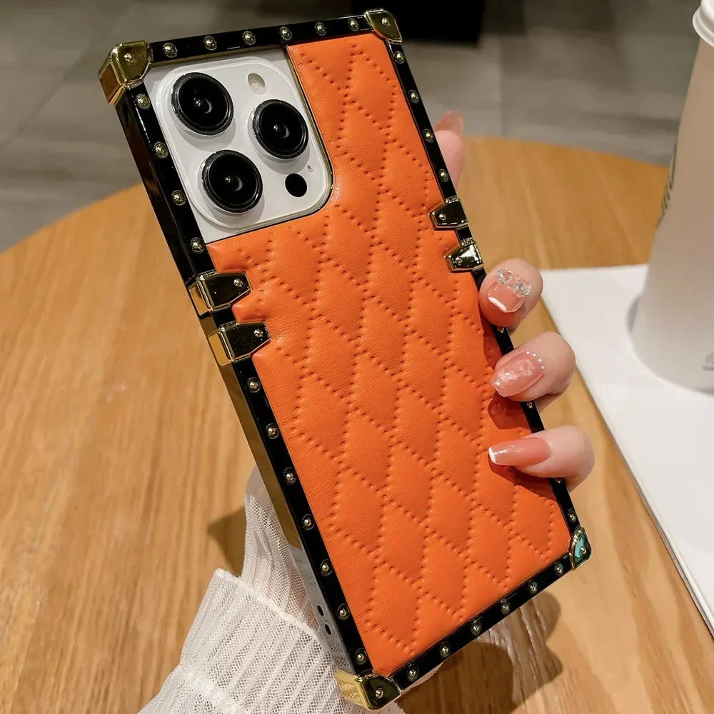 Luxury Plaid Lambskin Leather Shockproof Phone Case for iPhone