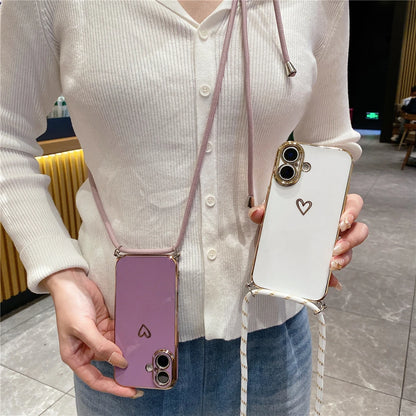 Crossbody Lanyard Cord Plating Love Heart Soft Phone Case