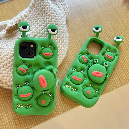 3D Cute Silicone Telescopic Bracket Thick Lips Green Frog Phone Case