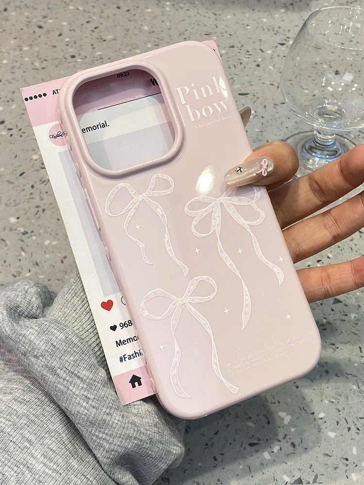 Simple Korean Pink Bow Glossy Protective Phone Case