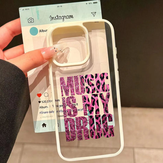 Korean Cute Leopard Print Case MUSIC IS MY DRUG English Y2K Soft Shockproof Phone Cases