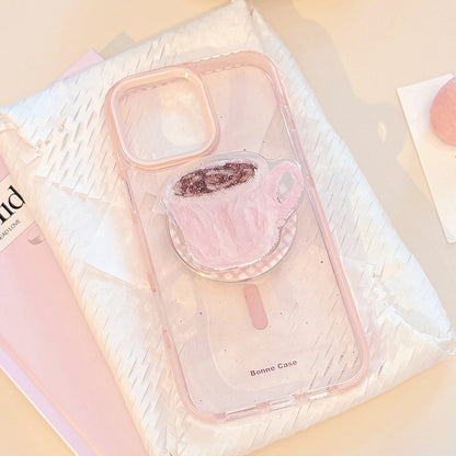 3D Cute Coffee Cup Clear Magnetic Grip Tok Pink Phone Case