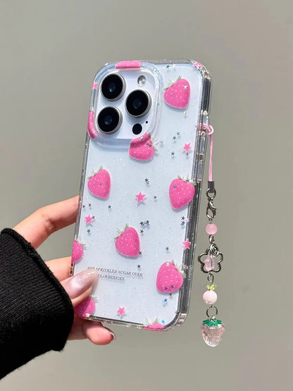 Glitter Strawberry with 3D Dangle Shockproof Cute Chic Phone Case