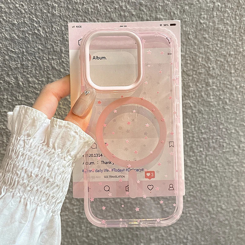 Pink Stars Magnetic Wireless Charge Clear Soft TPU Back Phone Case