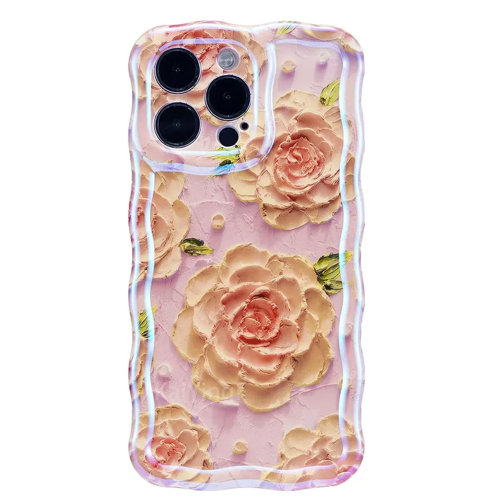 Stylish Phone Case Retro Oil Painting Flower Glossy Cute Floral Wave Border Exquisite Cover