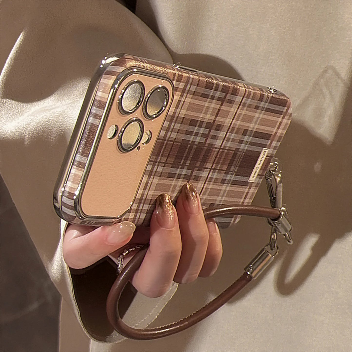 Stylish Brown Matte Grid Pattern Big Window Leather Lanyard Phone Case